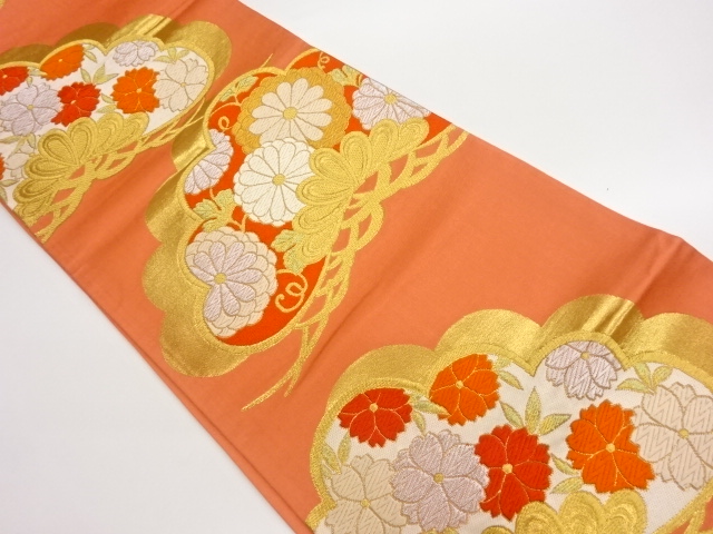 金糸松に菊唐草・八重桜模様織出し袋帯